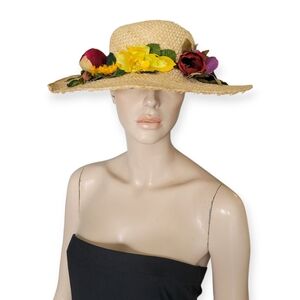 Vintage Floral Straw Sun Hat With Multicolor Fabric Flowers